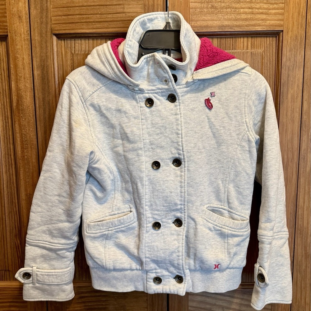 Hurley Girls XL Hoodie Jacket Fleece Lined Gray Pink Removable Hood Comfy Warm
